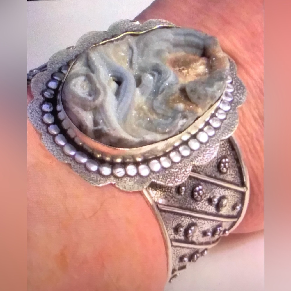 Druzy Stamped Solid 925 Sterling Silver Cuff Bracelet